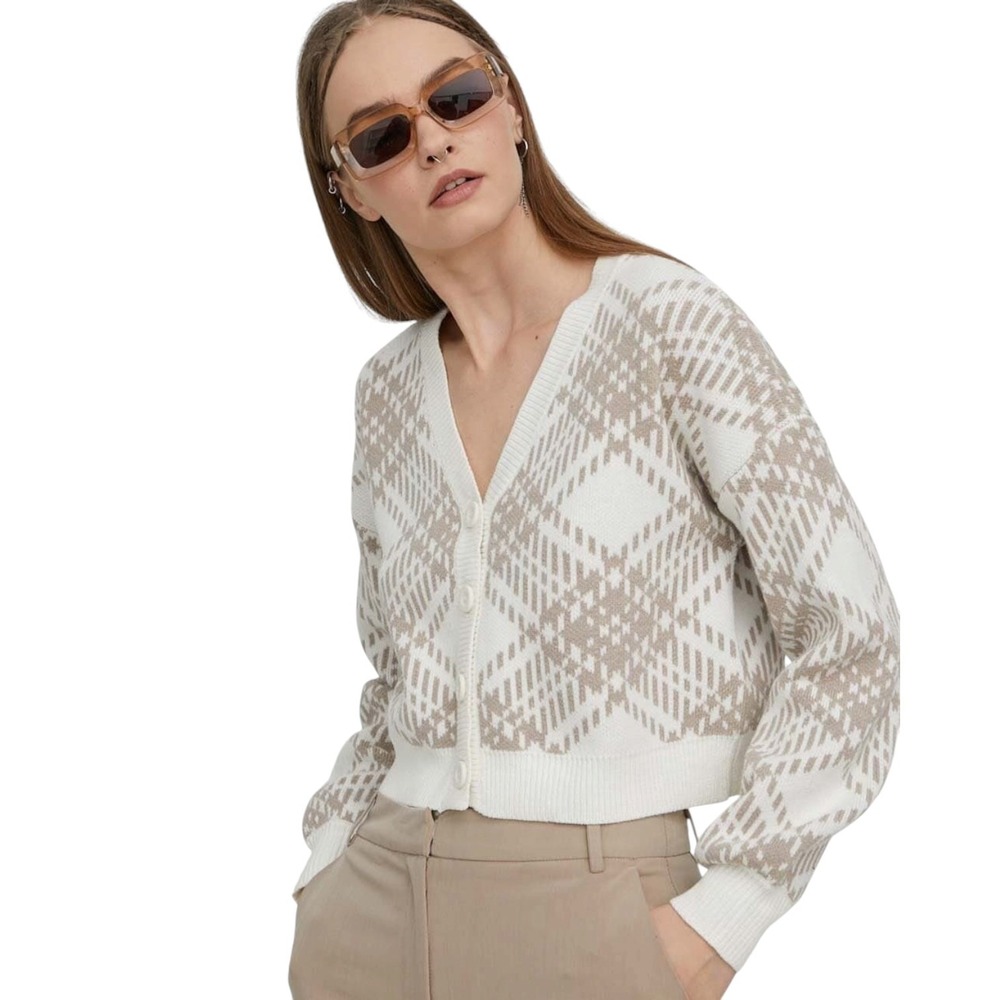 Hollister Preppy Plaid Knit Cardigan Sweater Cream Cropped Button Front SZ Large